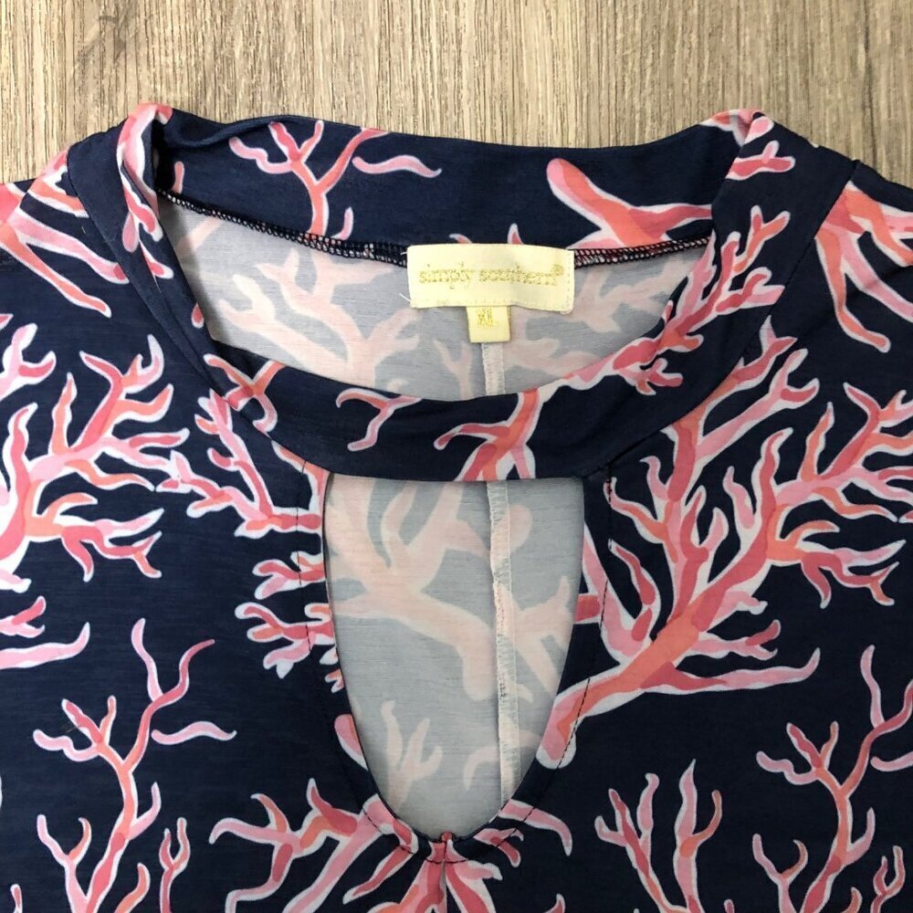 Simply Southern Women's Size XL Shift Dress Navy Blue Pink Coral Floral Fringe - Picture 4 of 10